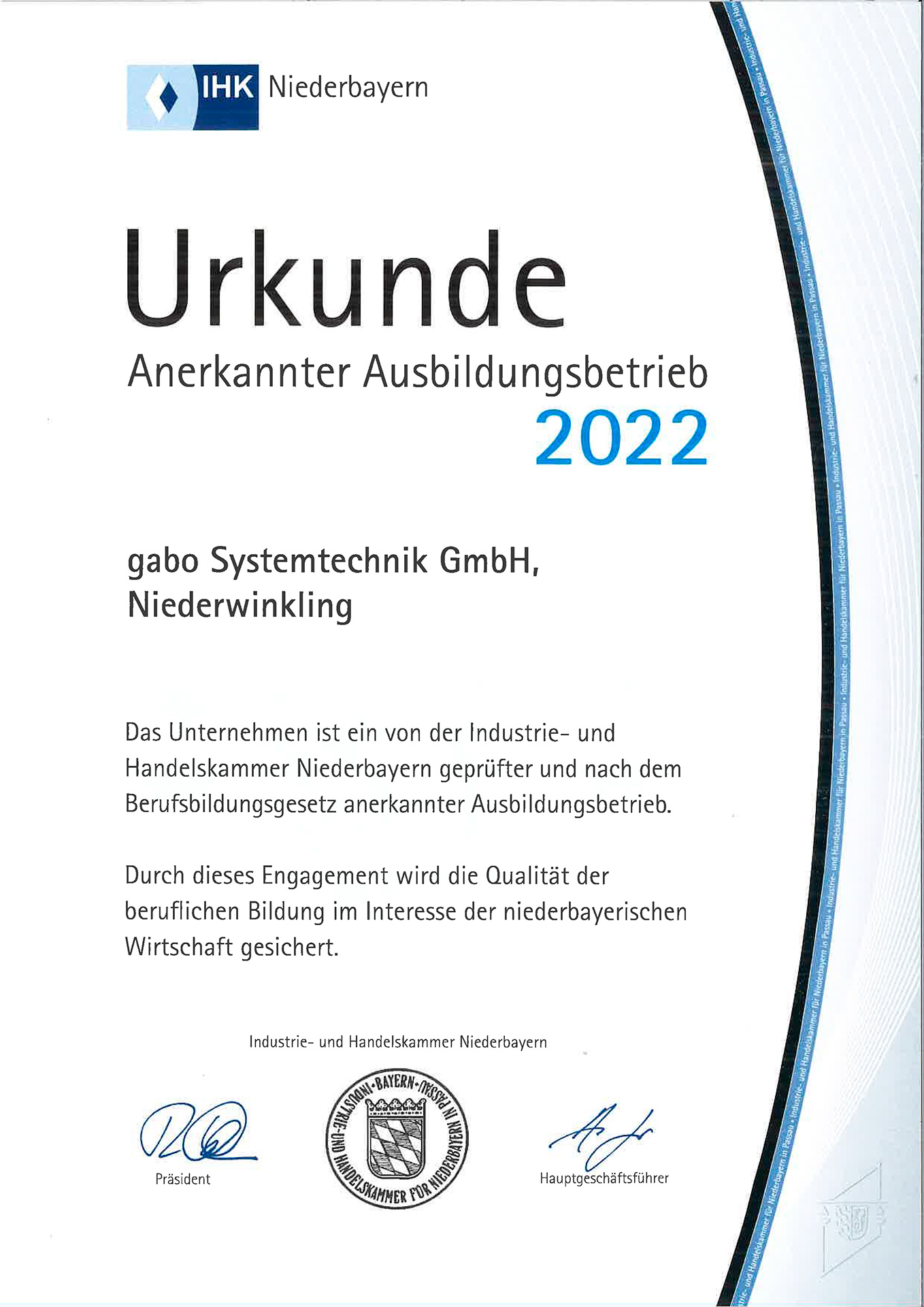 IHK Urkunde Anerkannter Ausbildungsbetrieb 2022