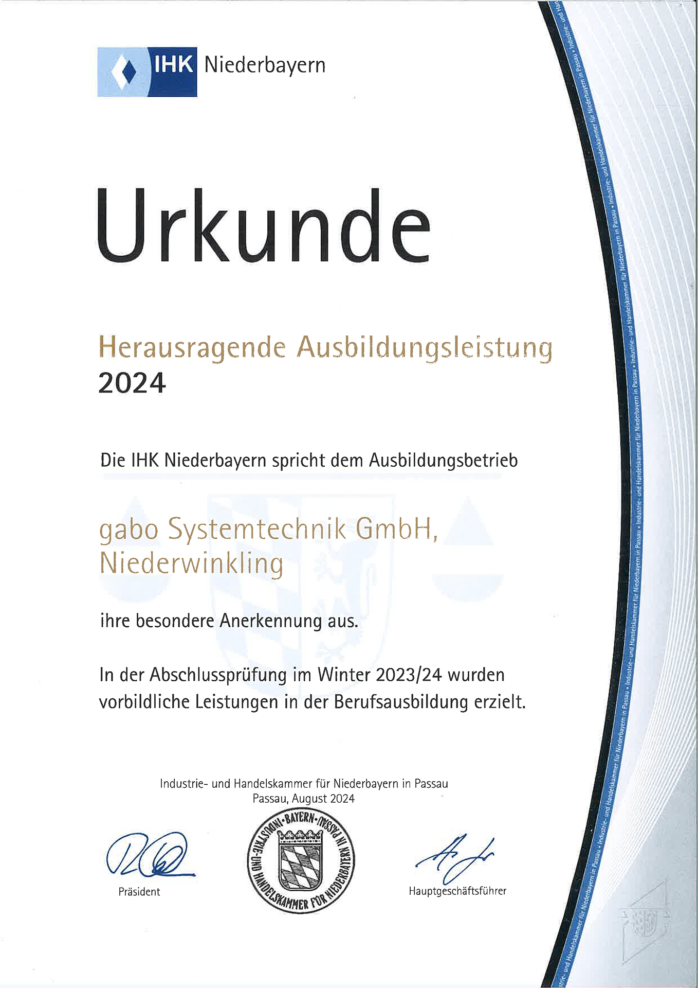 IHK Urkunde - herausragende Ausbildungsleistung