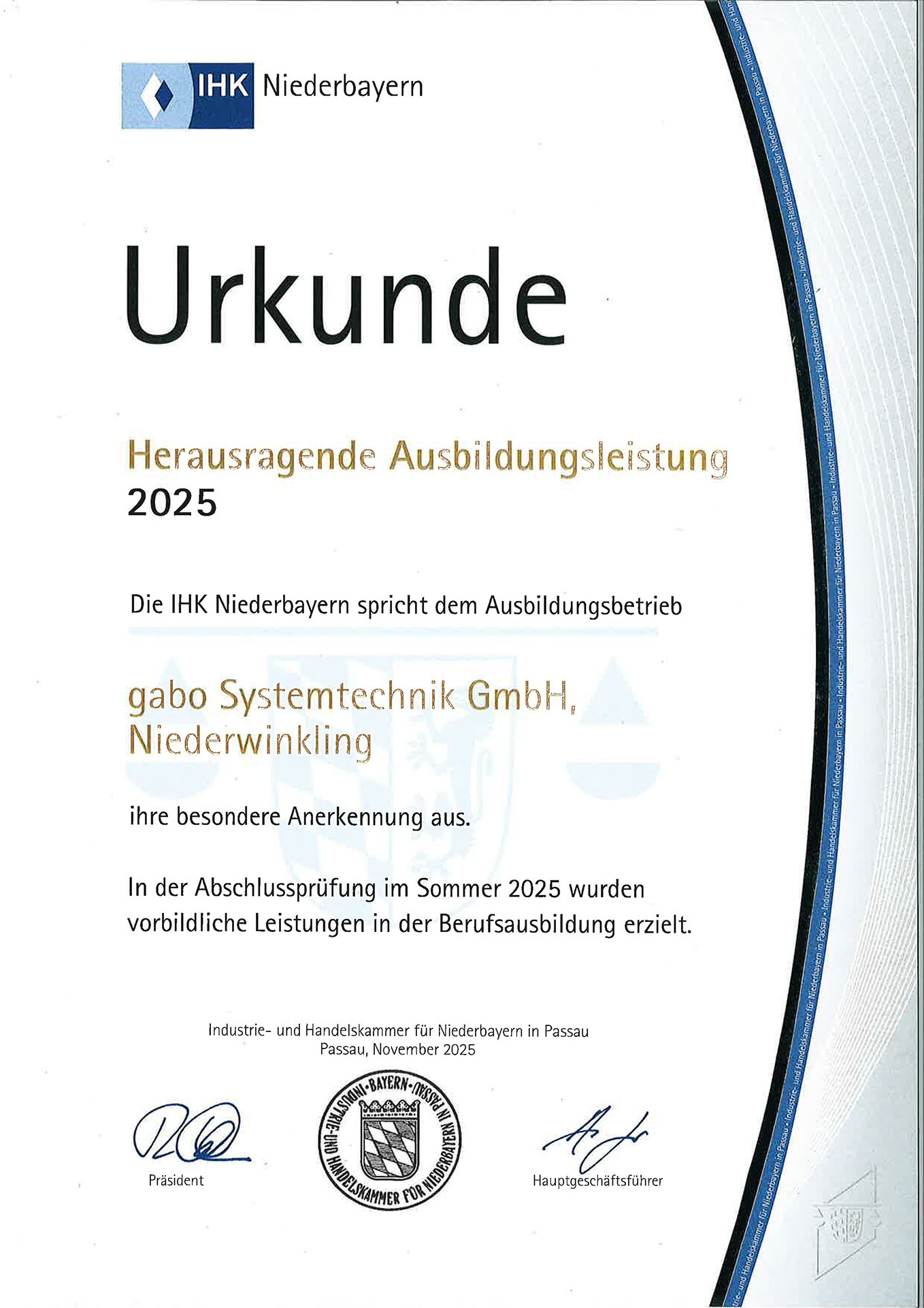 Urkunde IHK Herausragende Ausbildungsleistung