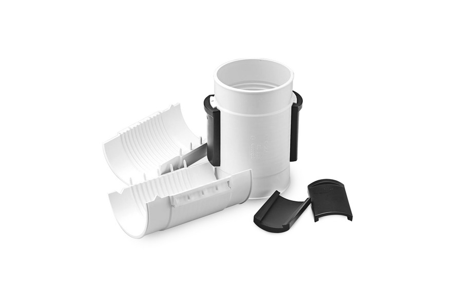 Schutzrohr-Halbschalen-Muffe HSM macht Verbindungen feinsanddicht.